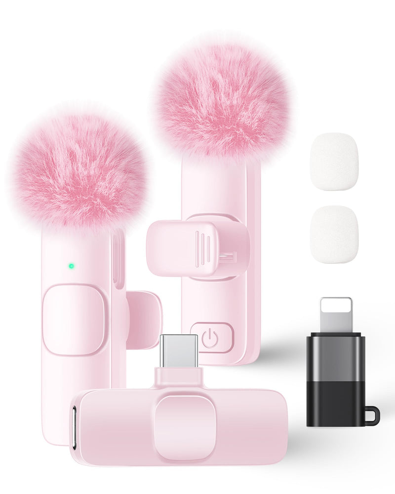 [AUSTRALIA] - Wireless Lavalier Microphone for iPhone iPad and Android Phone, 2 Pack Lapel Mic Plug and Play Wireless Mic Noise Reduction Microphone for Video Recording Interview Podcast Vlog YouTube Tiktok (Pink) Without Case Pink 