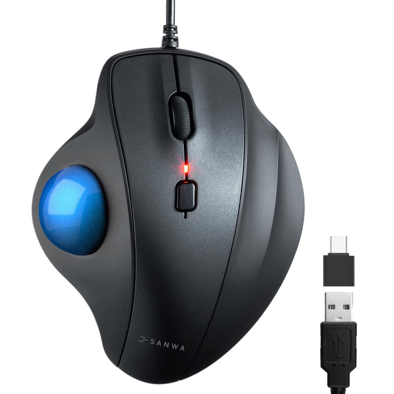 SANWA Wired Trackball Mouse, USB-C/A, Silent Clicks, Programmable, Blue | Right-hand Thumb Control, 600-1600 DPI, Smooth Roller Ball, Wrist Relief, Plug-and-Play, Compatible Win/ Mac, Remap Software
