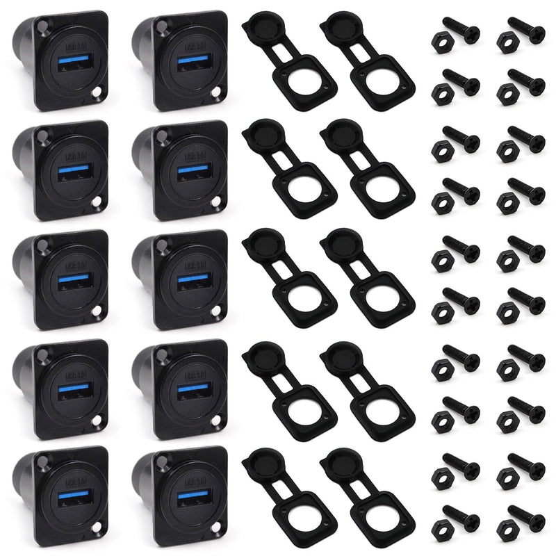 10PCS USB 3.0 Panel Mount Female to Female Connector | IP67 USB Pass Through Adapter for Audio Video Data Transfer/Charging with Weatherproof Dust Cap 10PCS