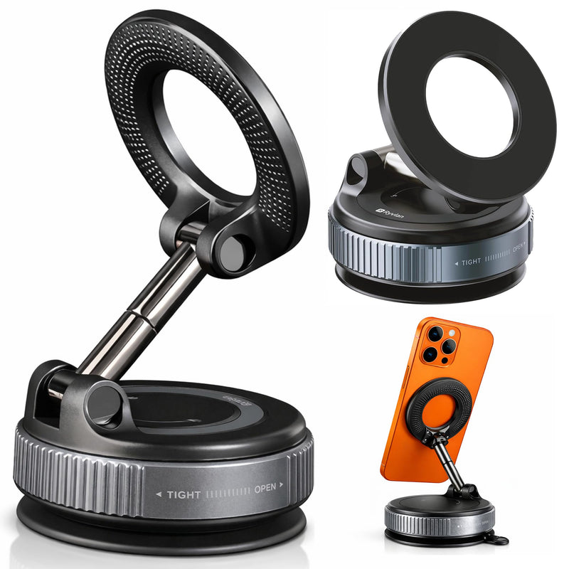 Ryvlan Carmount Vacuum Magnetic Phone Mount for Car– Magsafe Suction iPhone Stand, Content Creator Phone Holder & Car Mount, iPhone Holder for Dashboard & Windshield, Suction Cup Samsung Stand Sleek Black