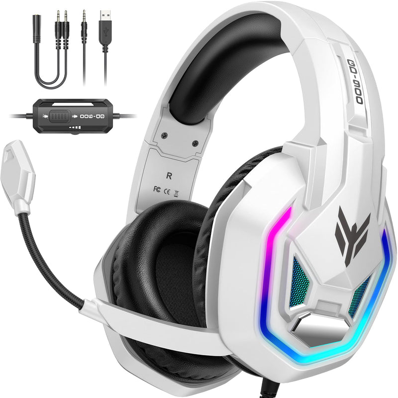 [AUSTRALIA] - YPBDAN Gaming Headset for PS5, PS4, Xbox Series X|S, Xbox One, PC, Switch, Mac - RGB Over-Ear Headphones with 7.1 Surround Sound, Noise Cancelling Mic, 50mm Drivers & Memory Earmuffs for Nintendo 64 White 