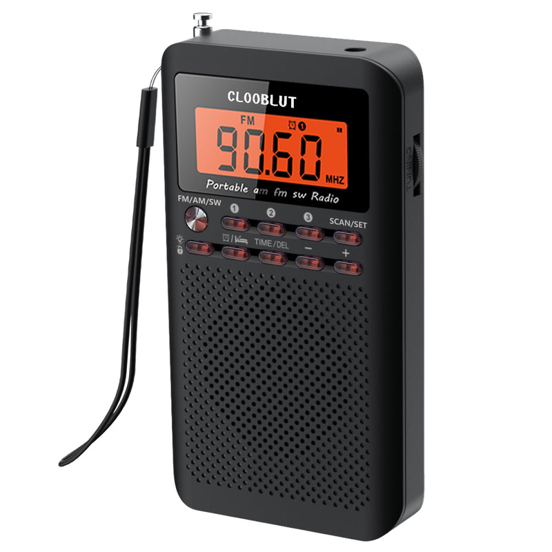 CLOOBLUT Ver Portable Radio FM/AM/SW shortwave Transistor Powered AA Battery, Features Backlit Buttons for Nighttime Use, Clock Alarm Clock Excellent Reception Sound Quality for Walking and Running Black