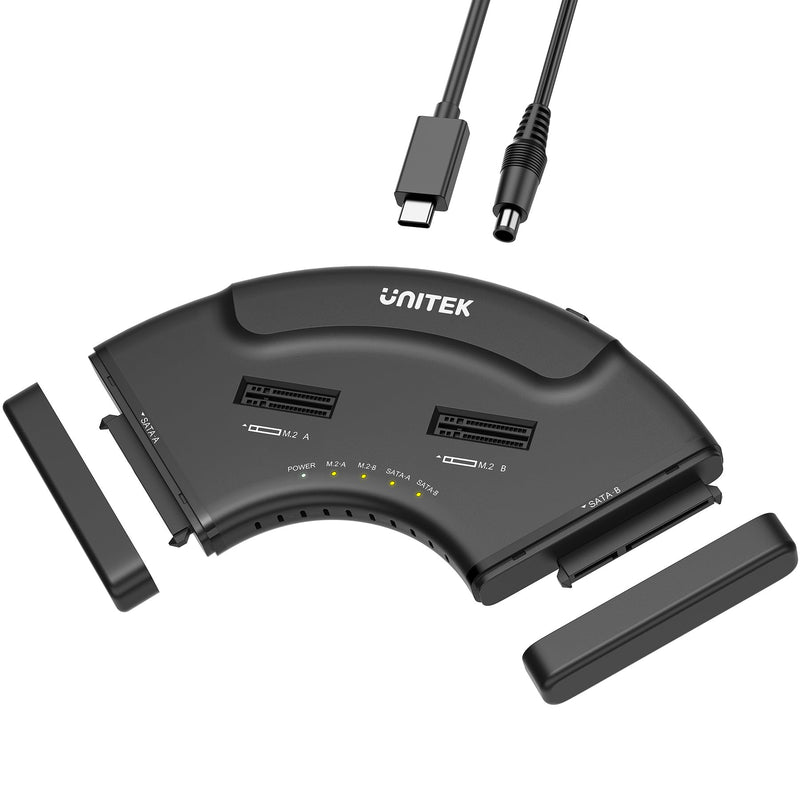 Unitek 4-Bay USB-C Adapter, 2X M.2 + 2X SATA, 10Gbps, Tool-Free | Simultaneous 4-Drive Access; 2 M.2 (NVMe/SATA) + 2 SATA (2.5/3.5"); Hot-Swap; UASP/TRIM; USB-C Cable & 12V Adapter Included Black USB-C M.2 & 2.5/3.5"