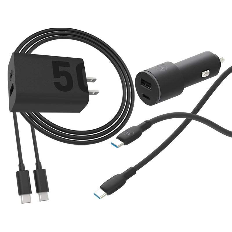 Motorola TurboPower 45W Dual Port Car Charger + 50W Dual Port Charger + 2m Black Silicone Cable