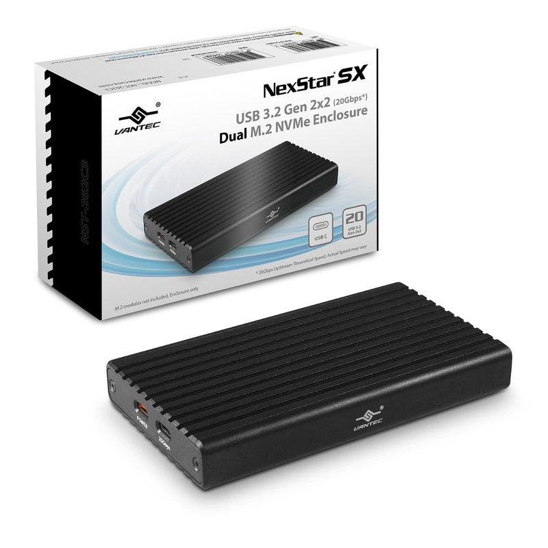 Vantec NexStar SX, USB 3.2 Gen2x2 (20Gbps), M.2 NVMe Enclosure only, USB C, Design for Two Modules Storage (NST-262C3)