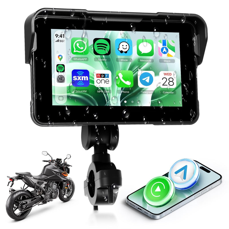 Motorcycle Wirelsss Carplay Android Auto Screen, 5" Wireless CarPlay | with Anti-Theft Design Mount, IP68 Waterproof Car Play Moto Touchscreen Dual Bluetooth Portable GPS Navigation