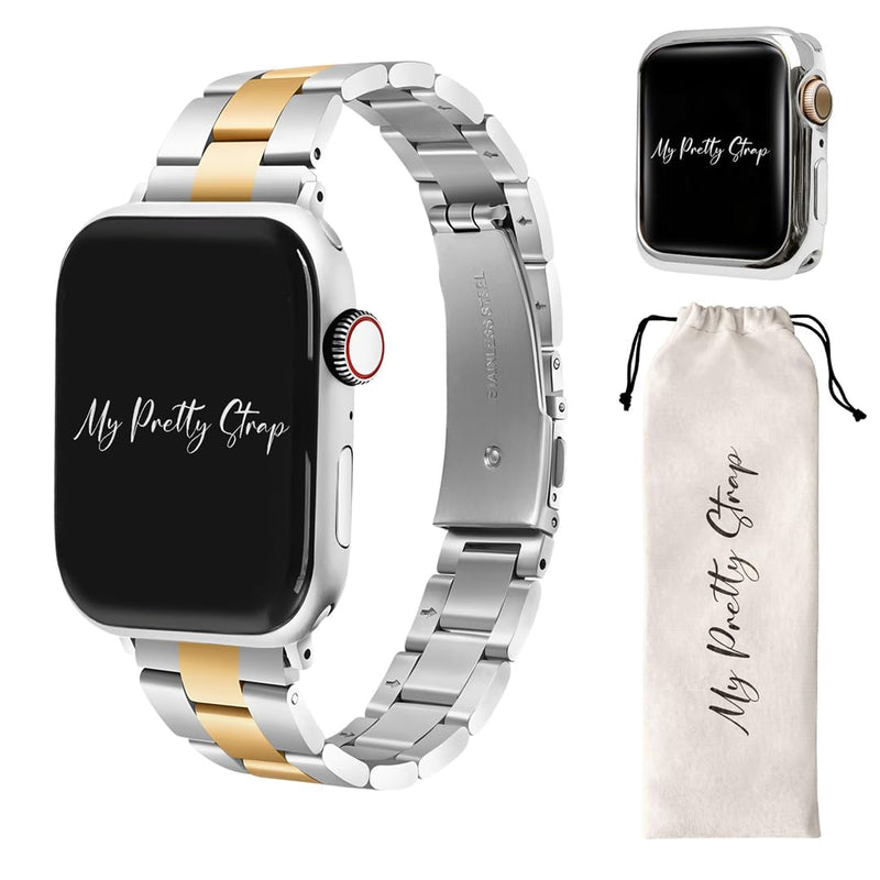 My Pretty Strap Silver Apple Watch Band & Glossy XOXO Protective Case Bundle – Elegant Stainless Steel Strap & Luxury Metal Cover for Apple Watch Series 1-11, SE & Ultra (40MM) Queen Vogue