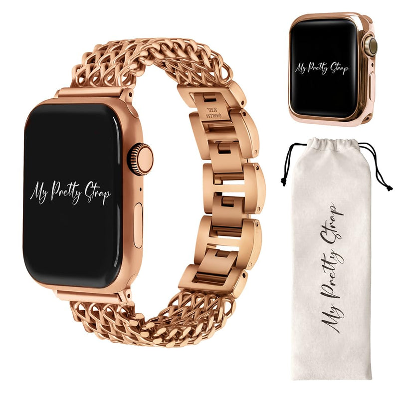 My Pretty Strap Rose Gold Apple Watch Band & Glossy XOXO Protective Case Bundle – Elegant Stainless Steel Strap & Luxury Metal Cover for Apple Watch Series 1-11, SE & Ultra (42MM) Mermaid