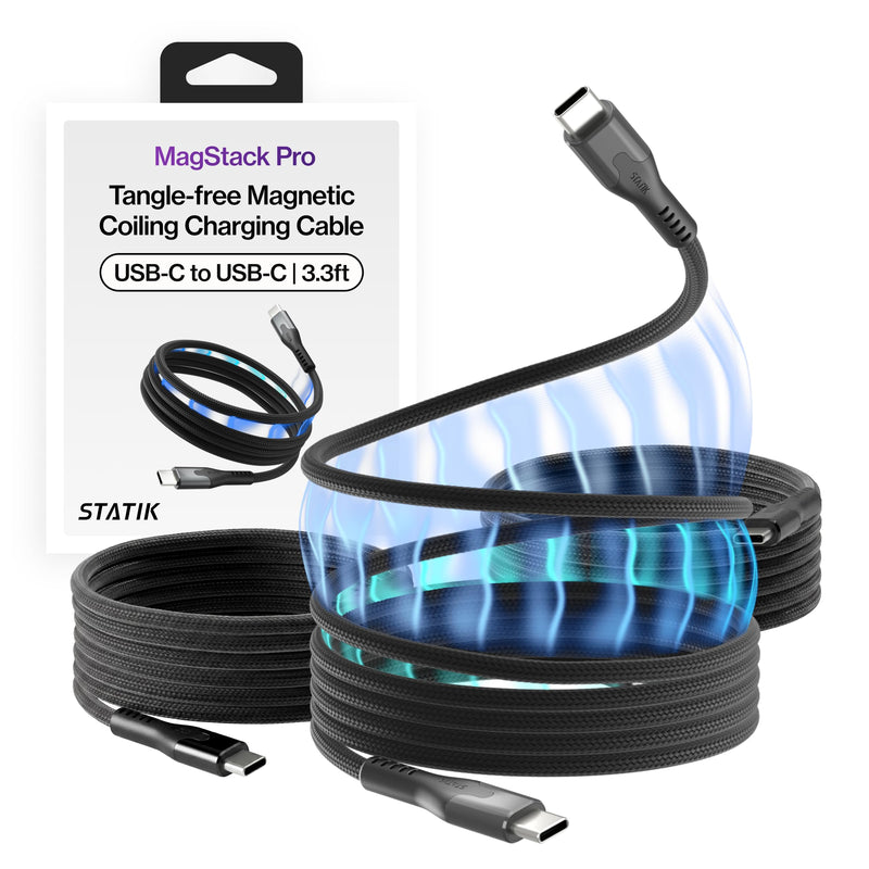 Statik MagStack Pro USB C to USB C Coiling Magnetic Charging Cable,100W | Nylon Braided Tangle-Free Design, Magnetic Coiling, Data Transfer, Compatible with iPhone & Android, 3FT Black, 3 Pack 3ft (3 Pack) USB-C to USB-C