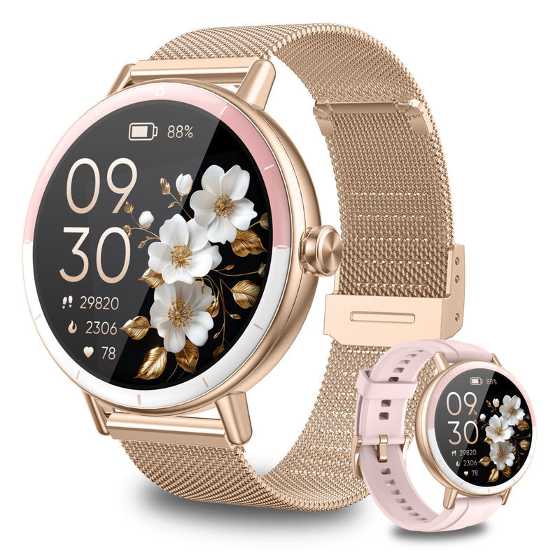 Smart Watches for Women Android/iphone, Fitness Tracker with Calls&Answer | IP68 Waterproof/Activity Pedometer/ Heart Rate/SpO2 Monitor/100+ Sports Model, Two Bands Gold Pink