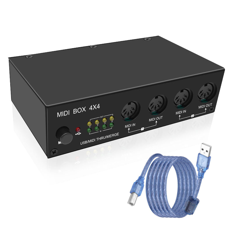 XMSJSIY USB MIDI Interface Box 4 In 4 Out 64 Channel MIDI Thru Box 4 * 4 Converter with Router Merge Splitter Thru Hub with LED Indicators for PC Mac and USB MIDI instruments - 1PCS