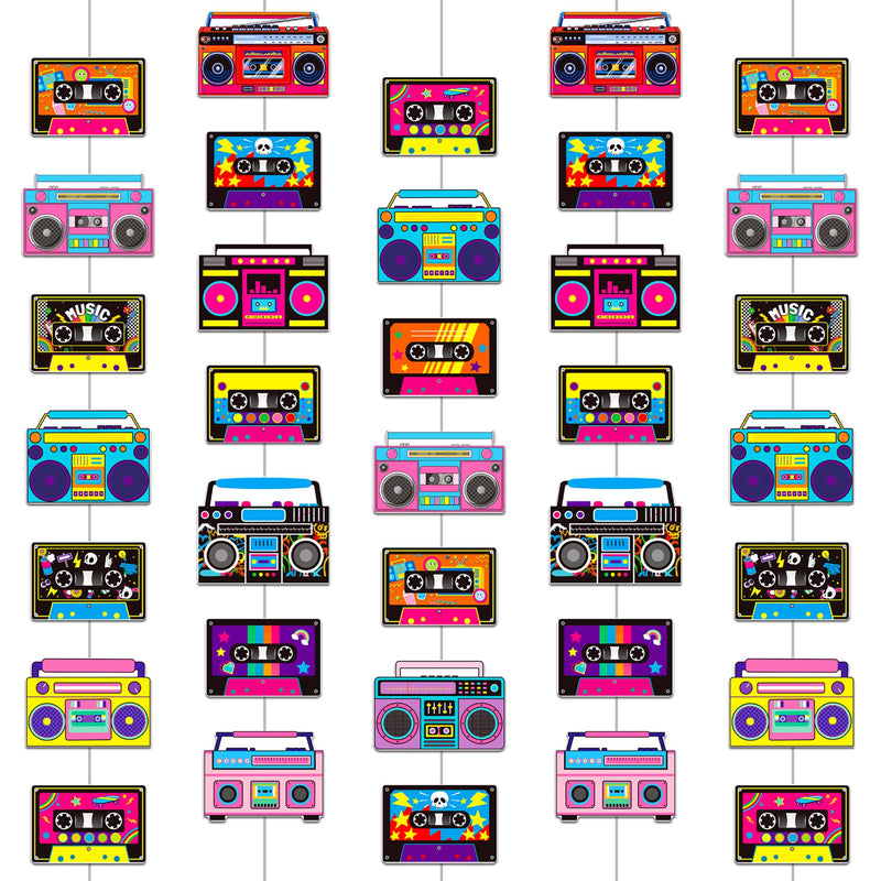 Cassette Tape and Boom Box Garlands 6PCS 80s Party Decorations Retro Radio Cassette Tape Paper Garland Banners 1980s Hanging Decor for 70s 90s Hip Hop Theme Birthday Party Supplies