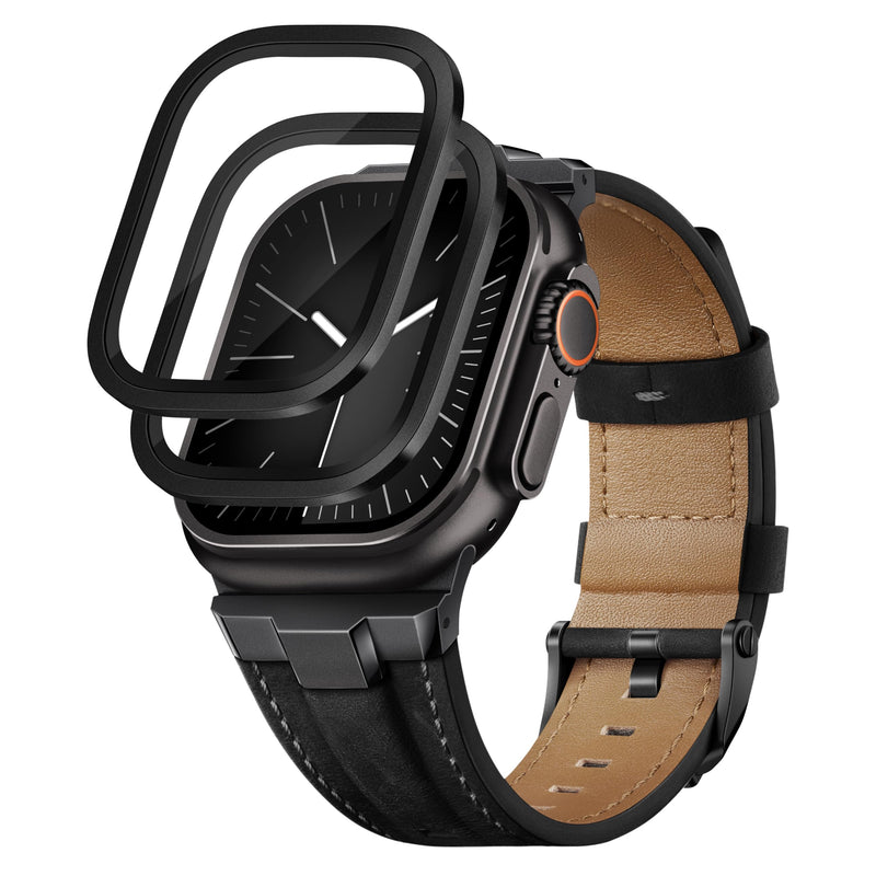Leather Band for Apple Watch Ultra 2/Apple Watch Ultra Bands 49mm 45mm 44mm and 2 Pack Waterproof Titanium Matel Frame Keep Original Touch Sensitive 9H Tempered Glass Protective Film for iWatch 49mm