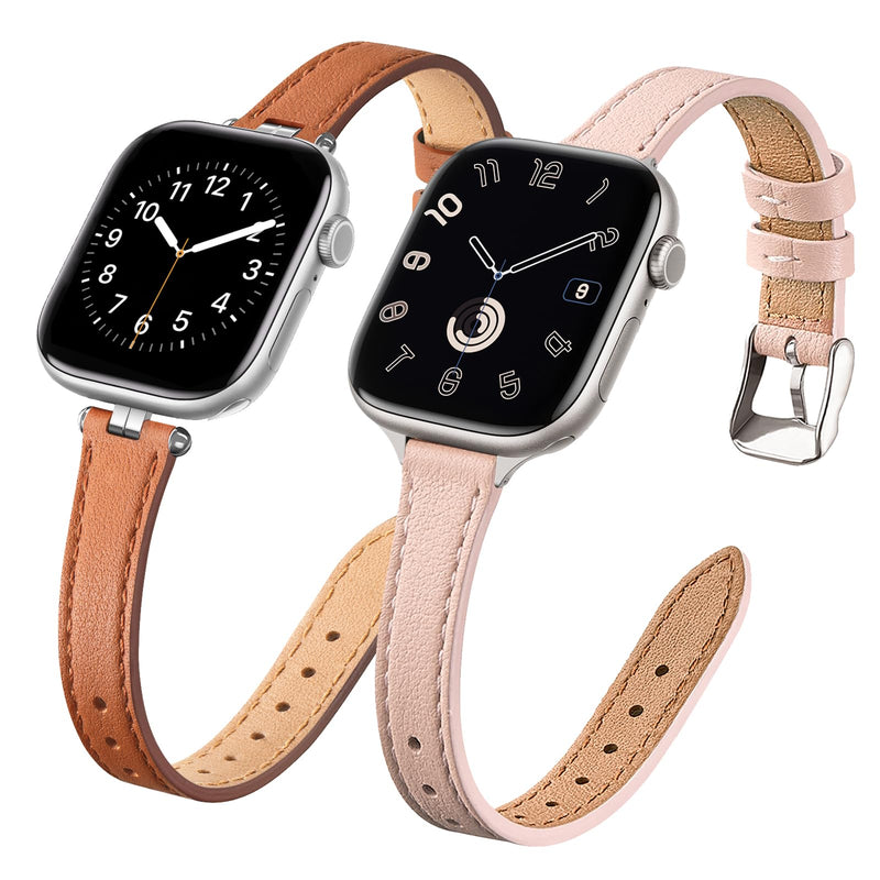 STIROLL 2 Pack Thin Leather Band Compatible with Apple Watch Bands 41mm 40mm 38mm 42mm Women, Dressy Top-Grain Genuine Leather Strap Slim Wristband for iWatch SE Series 10 9 8 7 6 5 4 3 2 1