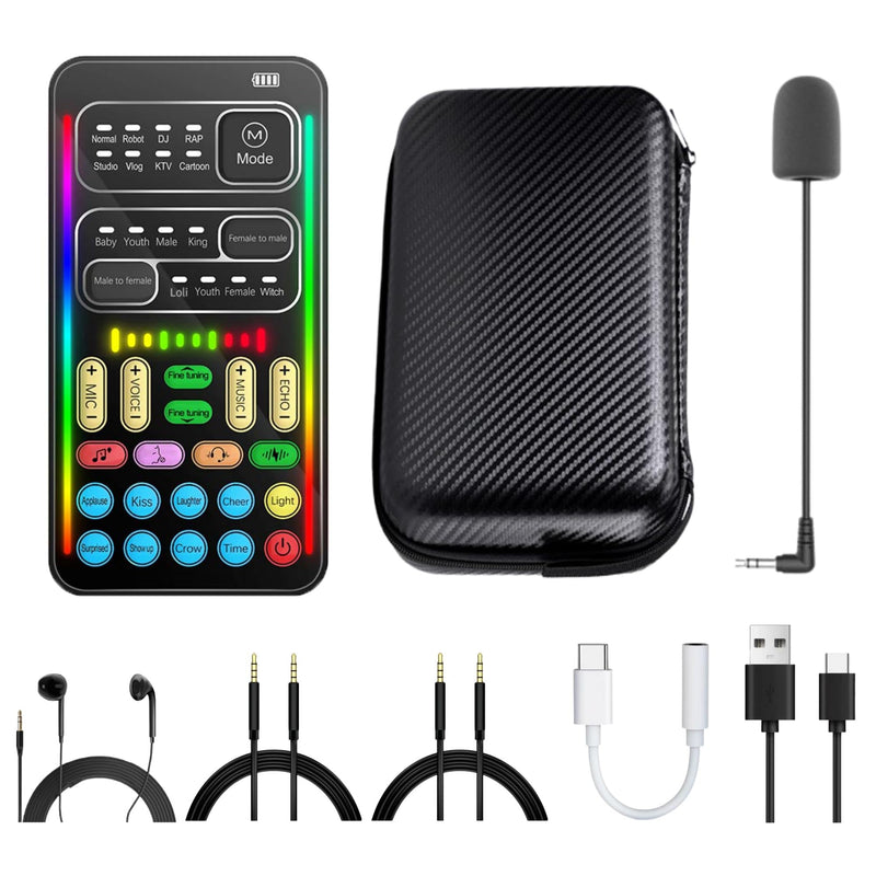 Real-Time Voice Changer with Sound Card – 8 Voice Effects, Full Accessories Included (Mini Mic, Monitor Earphone, 2 Adapters), Plug & Play, Compatible with PC, PS5, Xbox, Switch, Android & iOS