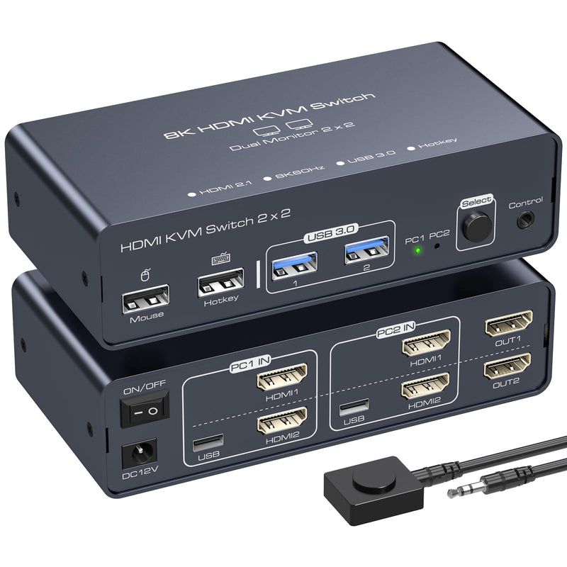 8K HDMI KVM Switch 2 Monitors 2 Computers EDID 4K120Hz for 2 PC Share Dual Monitor and 4 USB Ports Support Extended/Copy Mode with Desktop Controller