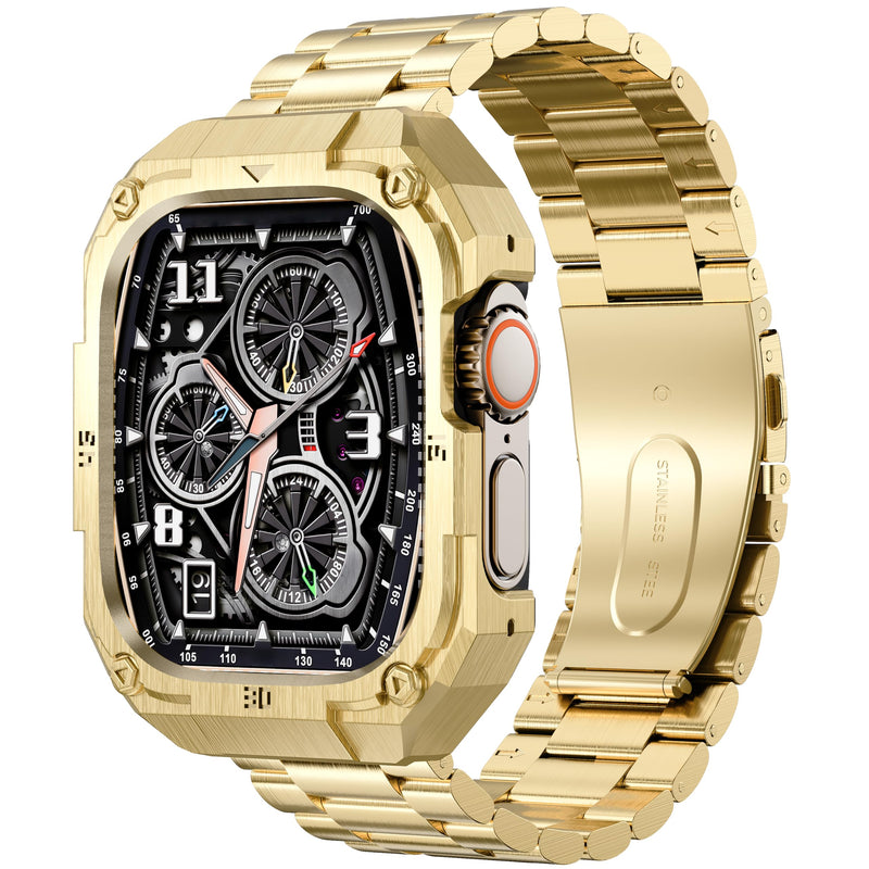 Casual Stainless Steel Case with Band Compatiable for 49mm Apple Watch Ultra Bands for Men,Metal Apple Watch Bumper Case Cover with Strap for iWatch Band Ultra 3/2/1,Gold Gold-3 49mm (Ultra 3/2/1）
