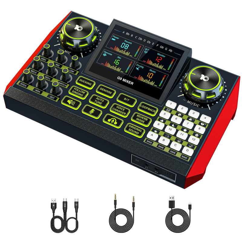 [AUSTRALIA] - Audio mixer, suitable for live streaming, singing, and gaming on computers/phones; podcast mixer with real-time sound card, noise reduction function, and one-click mute function G9 AUDIO MIXER 