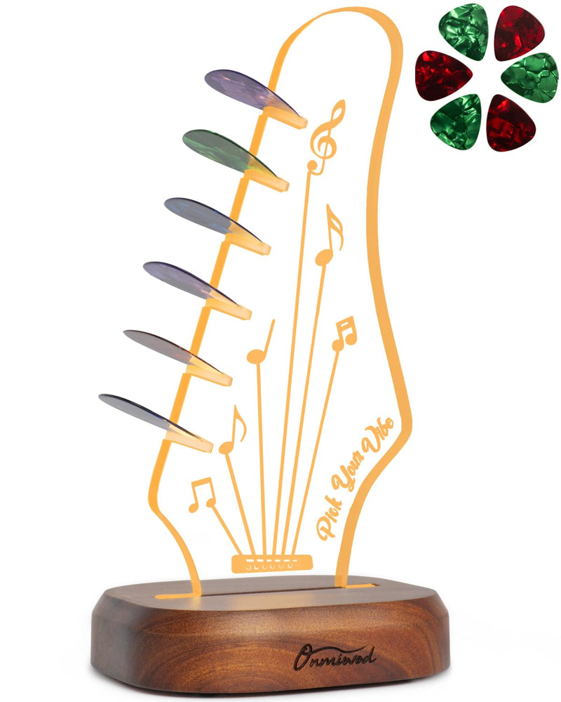 Light Up Guitar Pick Holder with 6 Guitar Picks, Acacia Wood & Acrylic Guitar Headstock Shaped Pick Holder Case for Guitar Pick Storage & Display, Guitar Music Accessories Gift for Guitar Lover Player