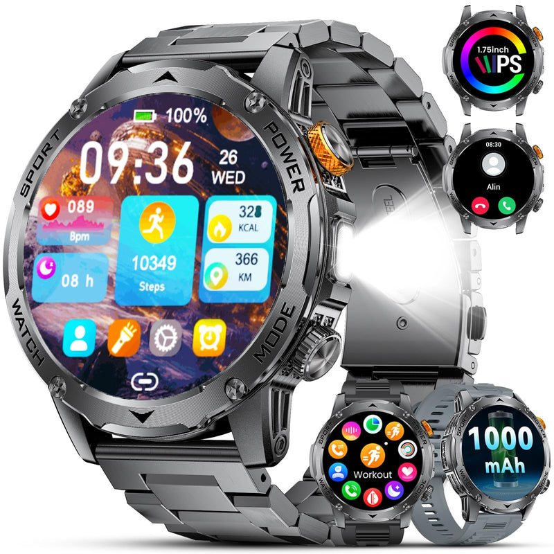 Military Smart Watches for Men(3 Bands),1000mAh/1.75" HD Large Screen Smartwatch, Flashlight/110+ Sports Modes/IP68 Waterproof/Sleep Monitor Fitness Tracker Watch for Android iOS,Gunmetal EF12-G