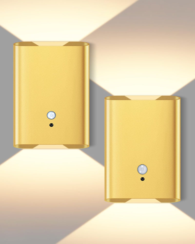 [AUSTRALIA] - Wireless Adhesive Motion Sensor Wall Light with Remote, 6000mAh Battery Operated 300LM 3CCT Dimmable & Timer - Cordless Wall Sconce for Stair Hallway Bedroom Closet Gold for Renters Elderly Pet Owners 2-Pack Gold Motion Sensor Wall Sconces 
