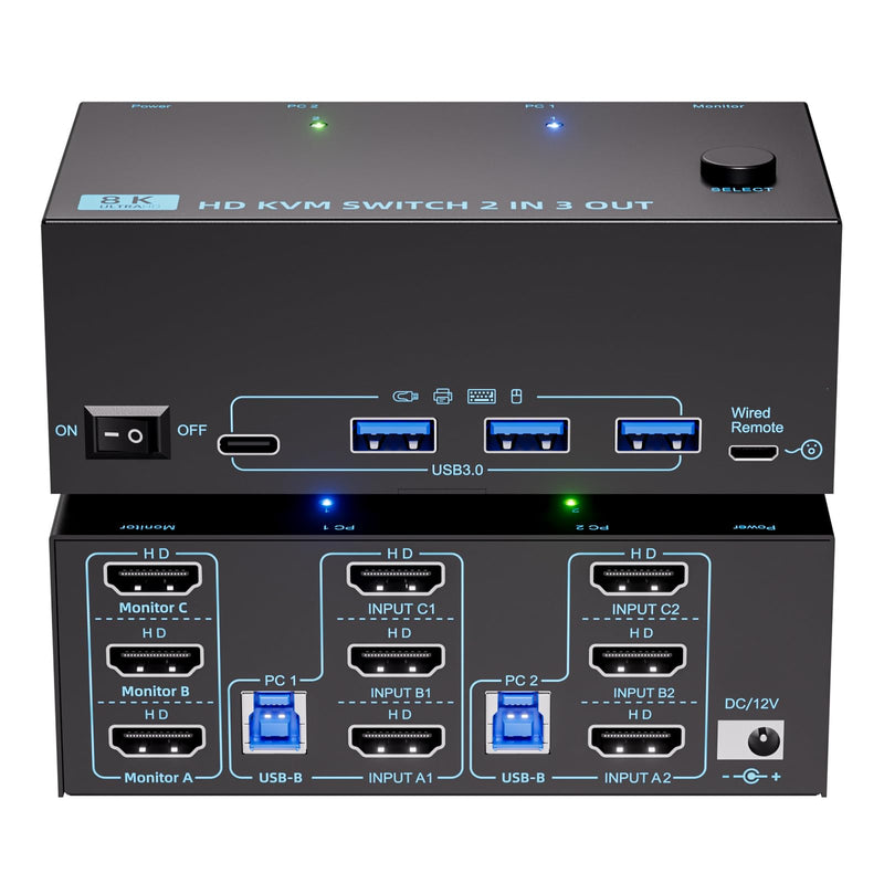 HDMI KVM Switch 3 Monitors 2 Computers 8K@60Hz/4K@120Hz, USB3.0 KVM Switches 2 Computers for 2 PC Sharing Triple Monitor and Keyboard Mouse, Wired Controller and USB Cables Including