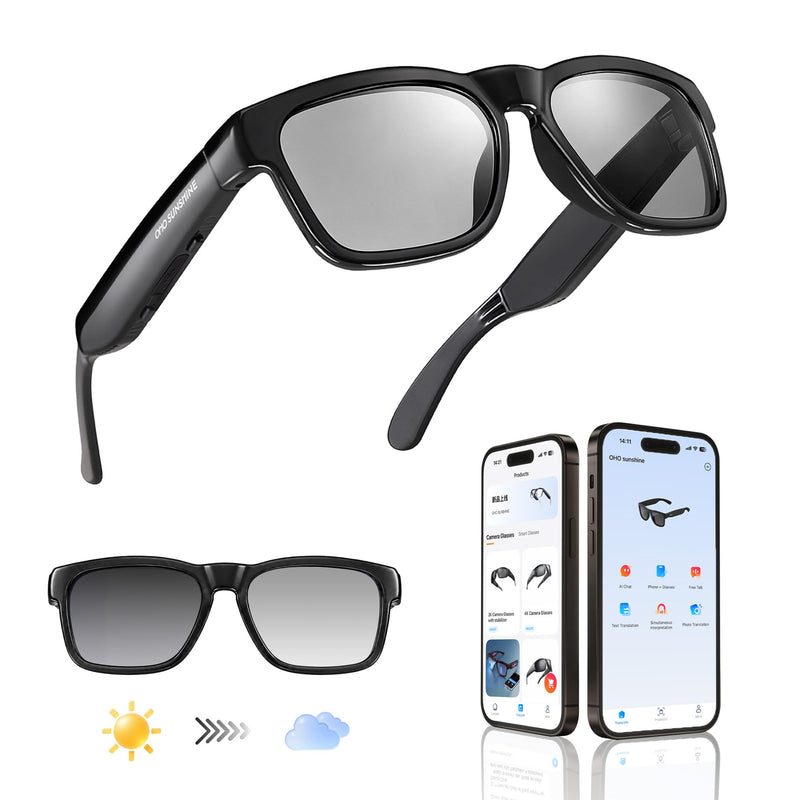 OhO sunshsine AI Glasses, Bluetooth Audio Sunglasses with 10H Playtime, ChatGPT Translation & Water Resistant Open Ear Glasses Black