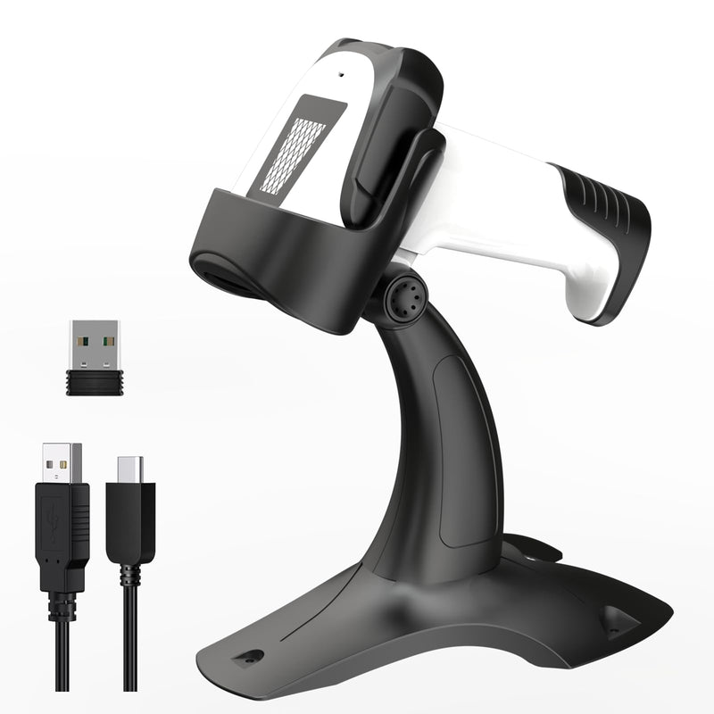 Laser Wireless Handheld Barcode Reader with Stand Bluetooth & 2.4Ghz and USB Wired 3 in 1 Working 1800mAh for Computer POS, Handheld 1D Bar Code Reader for Warehouse Library Supermarket B