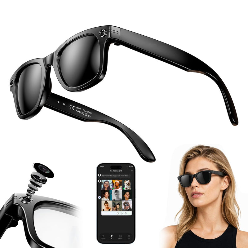 AI Smart Glasses With Camera,HD Photo & Video,Bluetooth Sunglasses Built-in Speakers,Wireless Music & Call Black