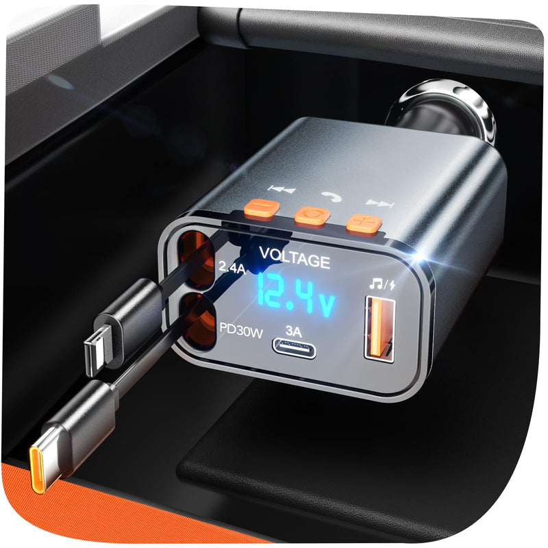 [AUSTRALIA] - Retractable Car Charger,5 in 1 PD Car Phone Charger with Bluetooth 5.3 FM Transmitter,Handsfree Call and MP3 Player,2 Retractable Cables and USB Charging Adapter for Cars Phone,Galaxy,Pixel(Grey) Grey 