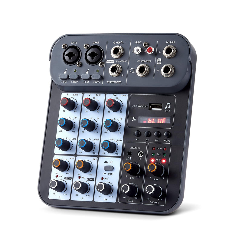 [AUSTRALIA] - 4 Channel DJ Audio Mixer, DJ Mixers Sound Board, Sound Mixer Board XLR 1/4" Interface, BT USB MP3 Computer Input 48V Phantom Power Stereo Karaoke DJ Studio Streaming KTV Stage G4B 