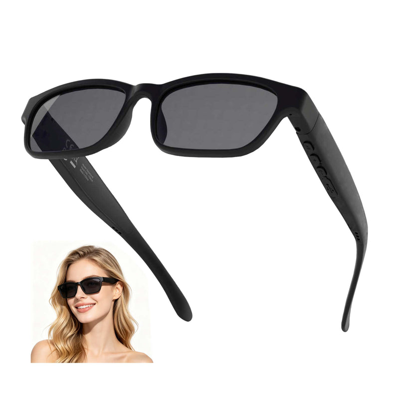 Smart Bluetooth Glasses for Men Women Audio Polarized Glasses with Bluetooth Headphones Speaker Mic, UV Protection, Voice Assistant (Black Lens) Black