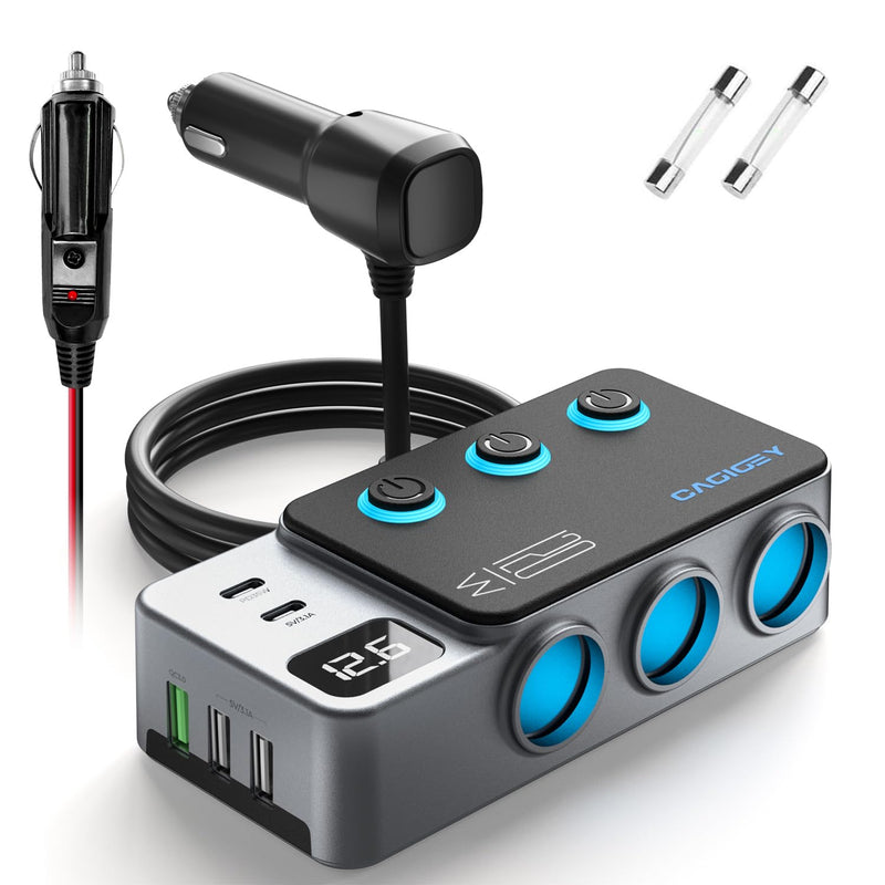120W 8 in 1 Cigarette Lighter Splitter,Cagigey Car Super Fast Charger Adapter with Type-C QC3.0 PD35W Charging,Multi Port Plug Outlet,Independent Switches, LED Display,3.3FT Cable