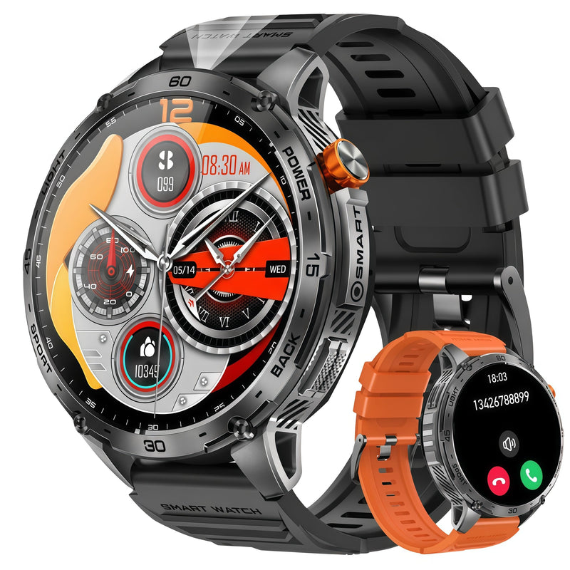 Military Smart Watch, 1.75" Crystal Ultra-Clear AMOLED Display,Spo2 Blood Oxygen Heart Rate Monitor Super Long Standby 730mAh Battery, Bluetooth Calling,LED Flashlight,IP68 Waterproof (Black) Black
