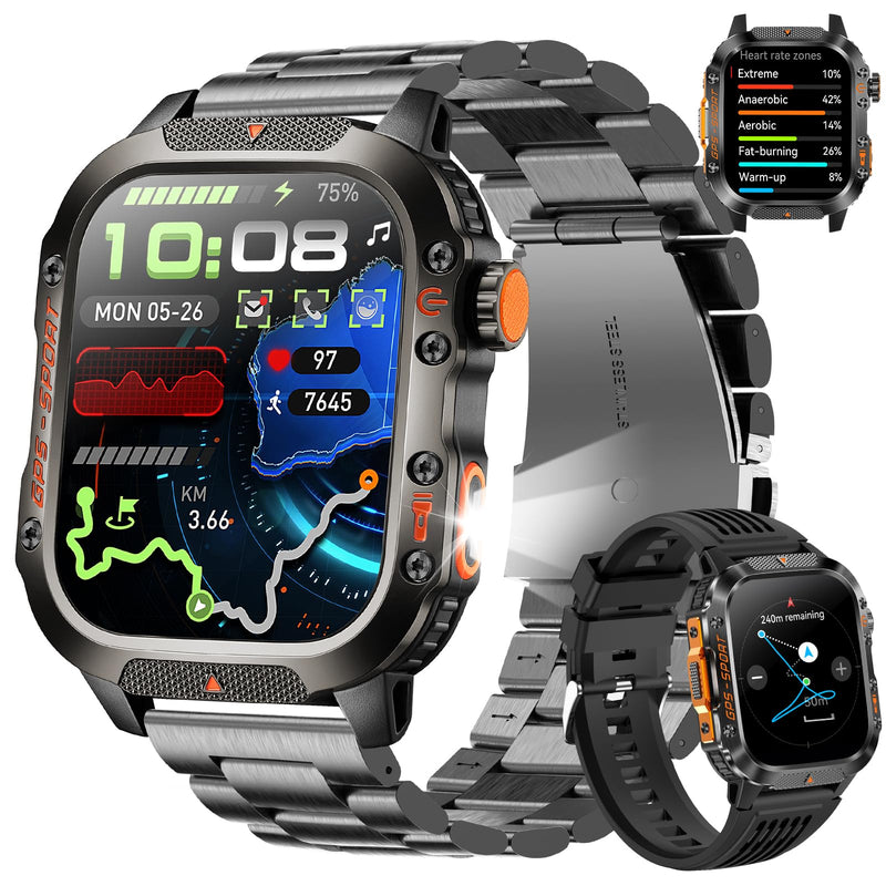GPS Smart Watch for Men (Answer/Make Calls), 2.01'' Military Rugged | Compass Smartwatch with 10-Day Battery, Heart Rate, Sleep Tracking, 100+ Sports Modes, 2 Straps