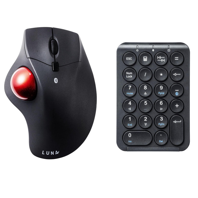 SANWA TB41 Bluetooth Trackball Mouse + Bluetooth Numeric Keypad Set, Programmable Silent Buttons Roller Ball Mice, Rechargeable Ten Key Number Pad Portable, Compatible with Mac, Laptop, Windows, Black