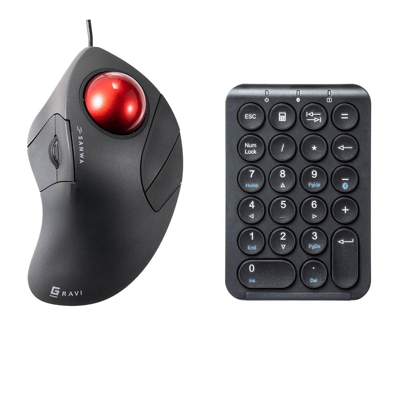 SANWA TB137 Index Finger Wired Trackball Mouse + Bluetooth Numeric Keypad, Programmable Silent Buttons Roller Ball, Portable Financial Accounting Numpad, Compatible with Mac, Windows, Laptop, Black