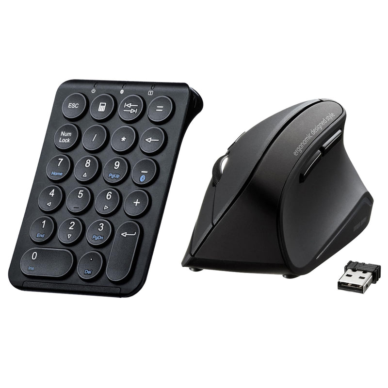 SANWA ERG10N Silent Click Wireless Ergo Mouse + Bluetooth Numeric Keypad Set, Programmable Vertical Mouse, Wireless Ten Key Number Pad, Compatible with Mac, Windows, Laptop, PC