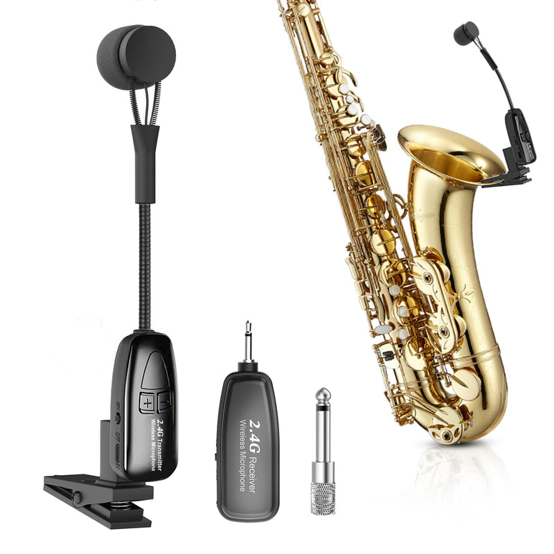 Wireless Saxophone Microphone, 2.4G Clip Instruments Mic, Rechargeable Transmitter and Receiver, 100ft Range, Great for Sax, Trumpet, Tuba, Trombone, Cornet, FrenchHorn