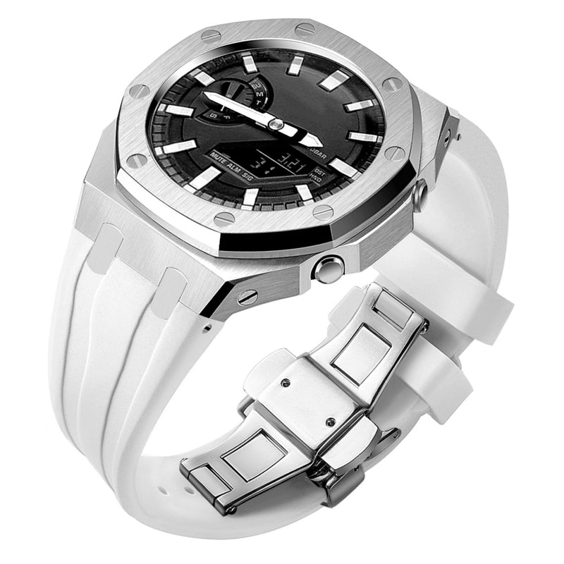 GA2100 Custom Watch Mod Case Band Parts,Stainless Steel Cover 316L Metal Bezel Silicone Watch Strap Kit Compatible With Casioak G shock Ga-2100 Ga-2110 GAB-2100 White Silicone Band