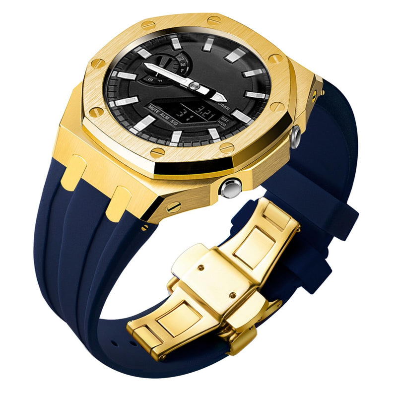 Ga2100 Watch Modify Case Band Mod Kit,Gold Plated Stainless Steel Bezel Case Silicone Strap Band Compatible With Casio G shock Ga2100 Ga2110 GAB2100 Gold Case blue Strap yuanding fba