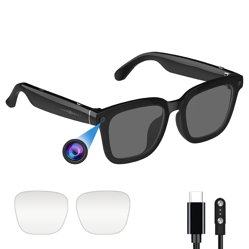 AI smart Camera Glasses: HD 1080P Video Recording and Photo Taking, Translation, Assistant Conversation, Suitable for Outdoor and Indoor, Cycling, Hiking Travel (Black Sunglasses) Black sunglasses