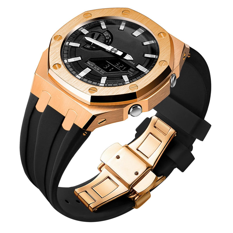 Ga2100 Band Case Strap Mod Kit,Pink Gold Stainless Steel Metal Case Bezel 9 match Color Silicone Band Strap Parts Compatible With Casio G shock Ga-2100 Ga-2110 GAB-2100 Rosegold Case Black Strap yuanding-fba