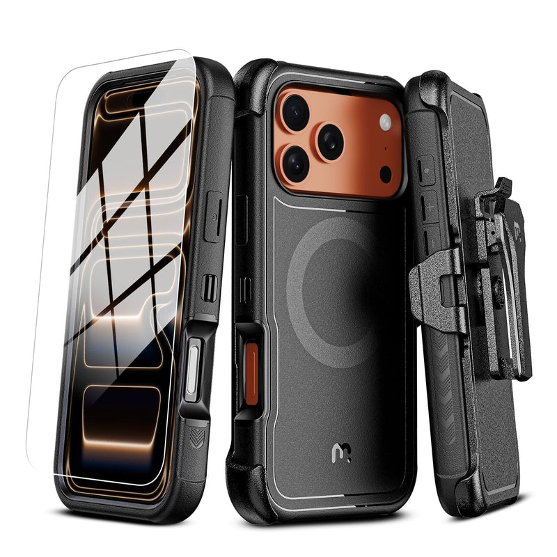 M MYBAT PRO for iPhone 17 Pro Max Case with Belt Clip Holster Black | Maverick Series 17 Pro Max Case[Compatible with Magsafe] w/Screen Protector,with 360°Rotating Kickstand,Heavy Duty Protection