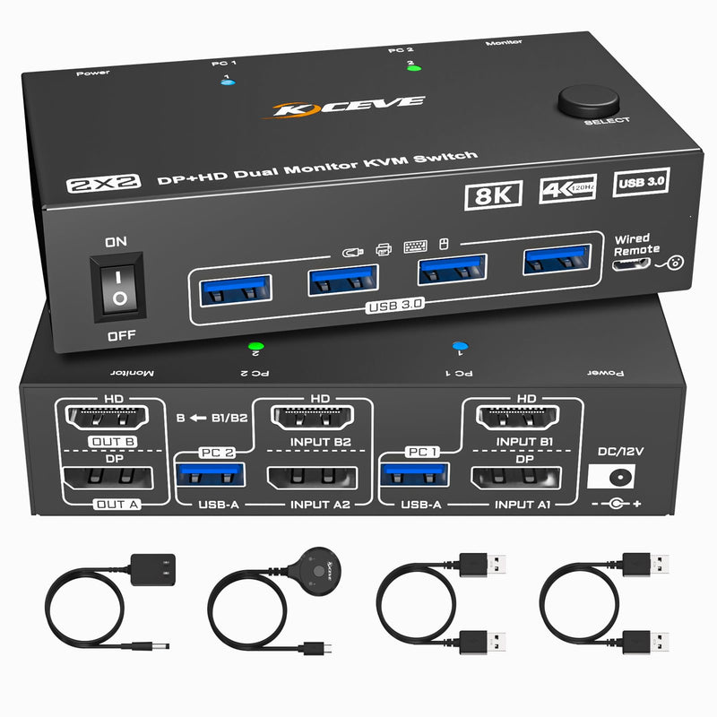 HDMI+2 DisplayPort KVM Switch 3 Monitors 2 Computers 8K@60Hz 4K@144Hz, Triple Monitor KVM Switch with 4 USB3.0 Port for Keyboard Mouse Printer, 1*HDMI+2*DP+2*USB Cables and Wired Controller Included black Dual Monitor KVM Switch 2PC