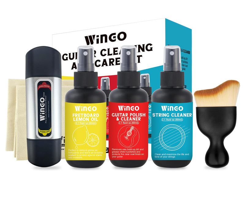 WINGO Guitar Cleaning and Care Kit, Polish and Cleaner, Fretboard Lemon oil, Guitar String-cleaner and Tool Brush, Cleaning Cloth & Brush for Guitar Cleaning and Maintenance.