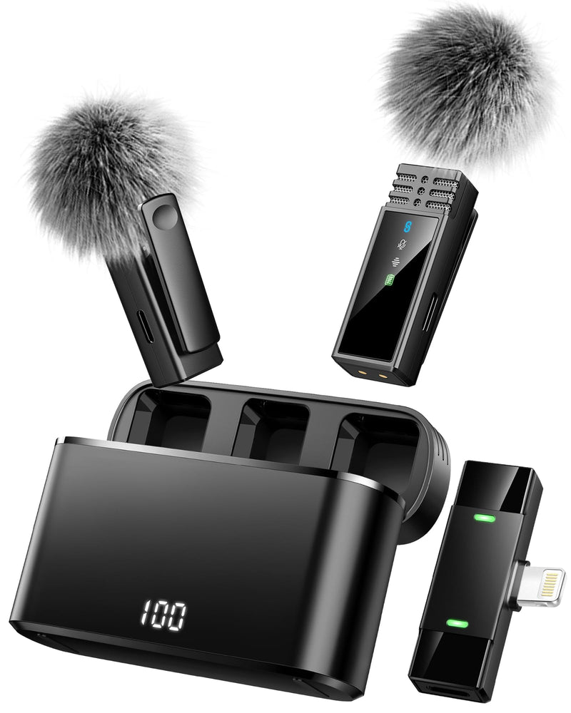 [AUSTRALIA] - Wireless Lavalier Microphone for iPhone 14/13/12/11 Series, Lapel Mic with All-in-One 24H Charging Case, Noise Reduction, Play Clip Mic for Video Recording,YouTube, TikTok, Podcast, Vlog Black Lighting 