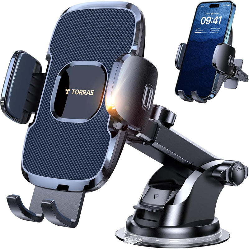 TORRAS 96+LBS Strongest Suction Ultra-Durable Cell Car Phone Holder Mount | Patent & Safety Certs, Fits Large Phones & Thick Cases, Extra Sticky Grip, Airbag Clamp, Temp-Resistant, All Road Conditions Navy Blue