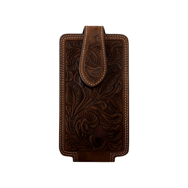 ARIAT Scroll Embossed Leather Cell Phone Case, Belt Clip, Aged Bark, Large | Leather construction, secure magnetic flap closure, soft interior lining
