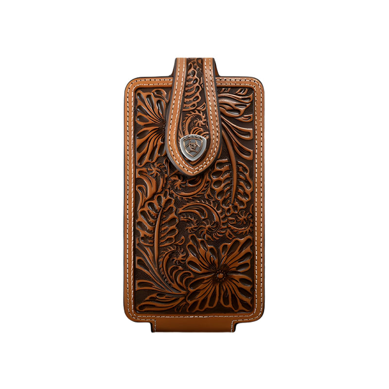 ARIAT Floral Embossed Leather Cell Phone Case, Belt Clip, Natural, Large | Genuine leather, secure magnetic closure, soft interior lining